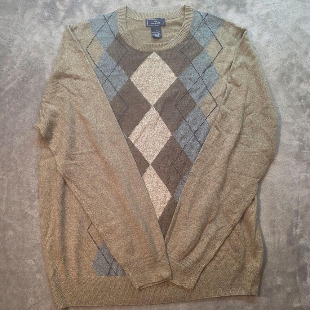 Dockers Sweater Mens L Beige Argyle Crew Neck Lightweight Acrylic Pullover